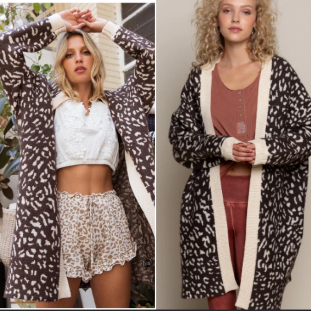 POL Chunky Knit Leopard Cheetah Print Oversized Abstract Long Cardigan